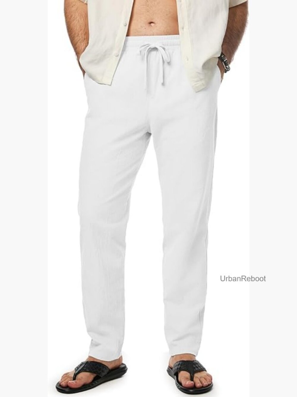 Men's Cotton Elastic Waist Drawstring Pants Lightweight Summer Beach Trousers
